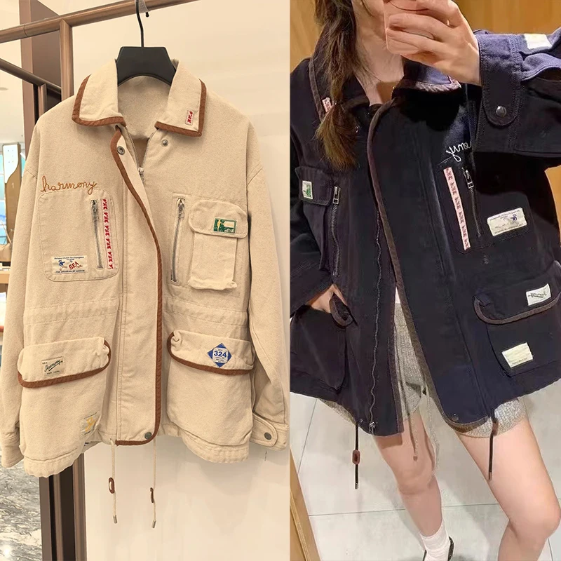 

Стильная осенне-зимняя хлопковая рабочая куртка для женщин с длинными рукавами, воротником на завязках, множеством карманов, средней длины, верхняя одежда