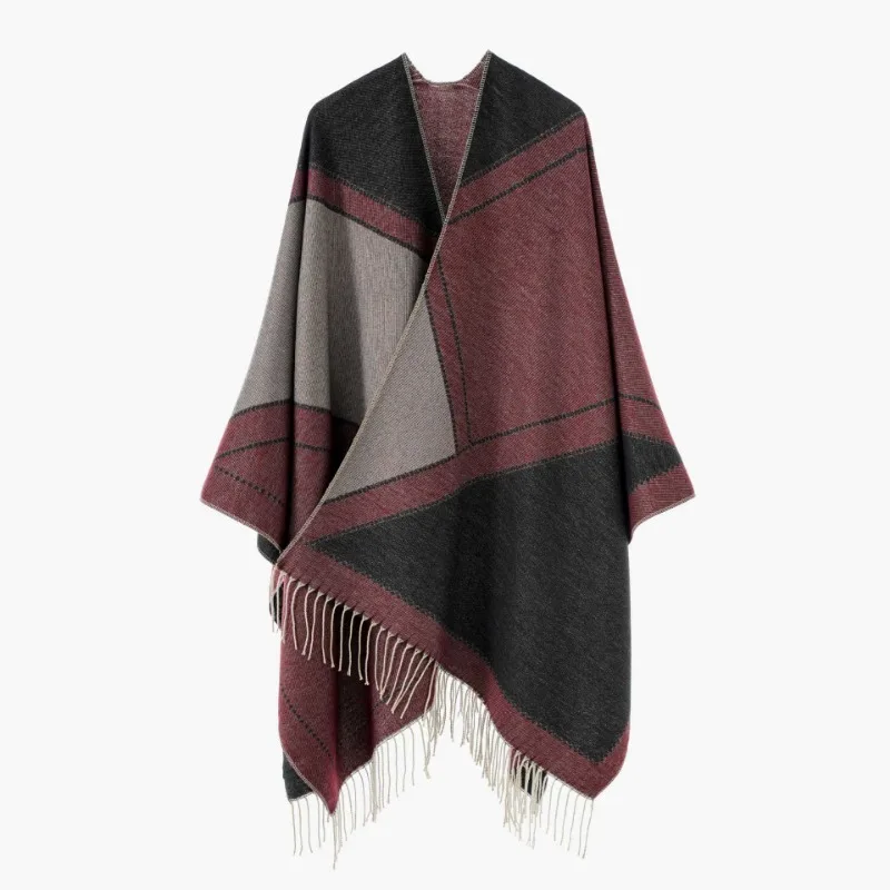 Women Geometric Color Block Tassel Shawl Autumn Winter Versatile Poncho Cape Office Blanket Outerwear
