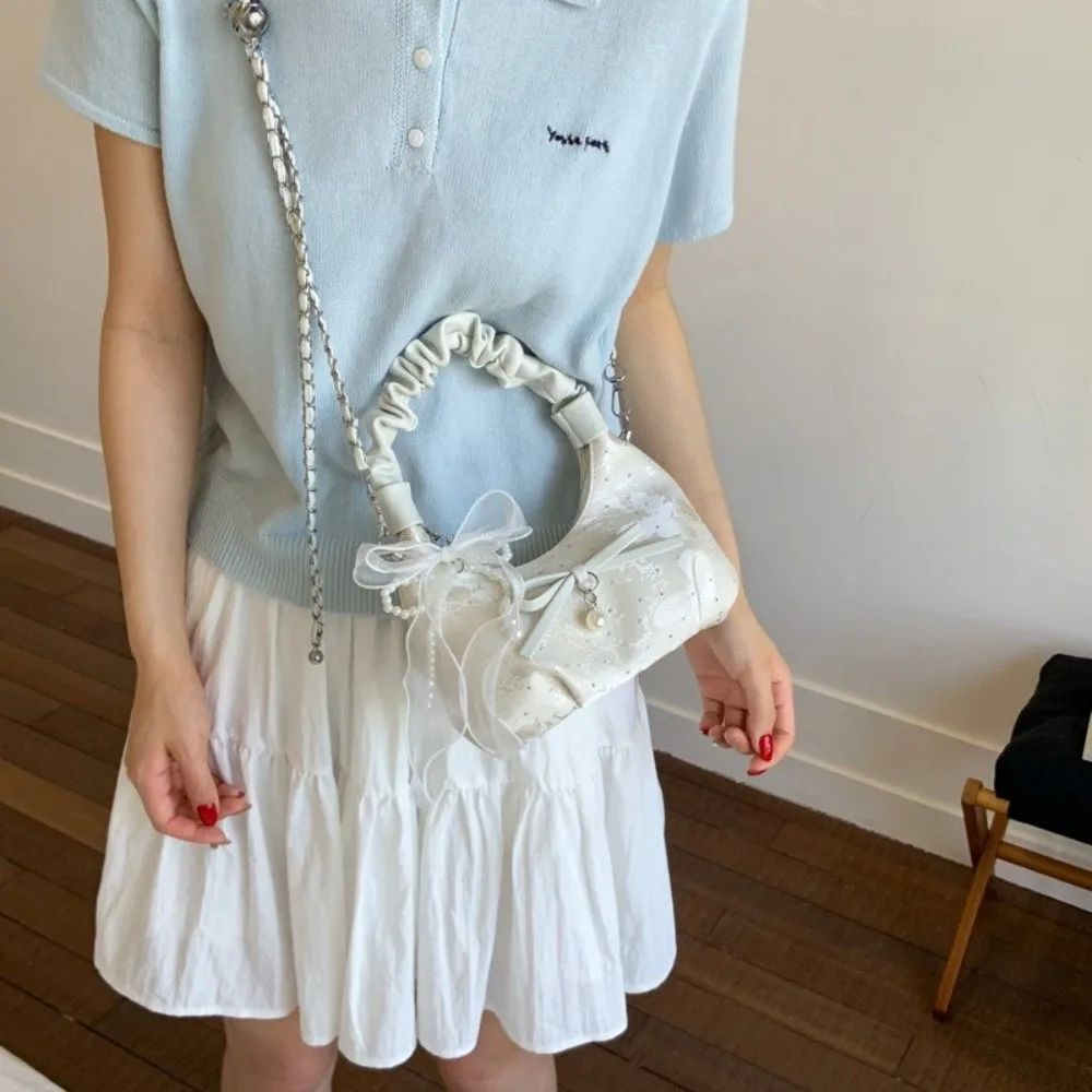 

Маленькая элегантная плиссированная сумка с бантом, универсальная сумка через плечо с регулируемым ремешком и лентами, стильная женская сумка на молнии для девочек