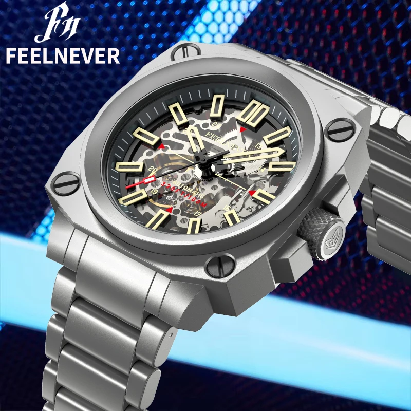 FeelNever Hollow Out Mechanical Man Watch Top Brand Luxury Stainless Steel 100M Waterproof Casual Sport Luminous Watches for Men