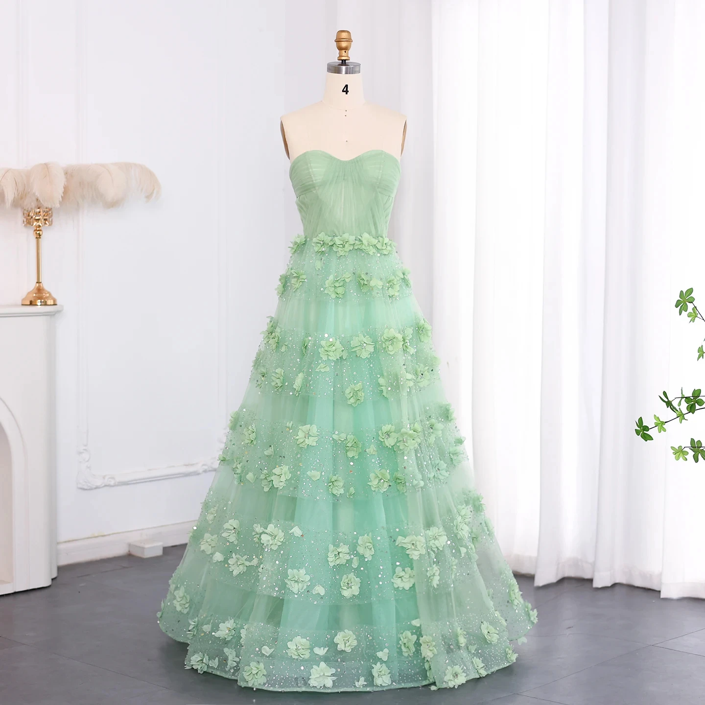 

Luxury Sage Green 3D Flowers Dubai Evening Dress with Cape Elegant Sweatheart Arabic Women Wedding Party Gowns LSZ346