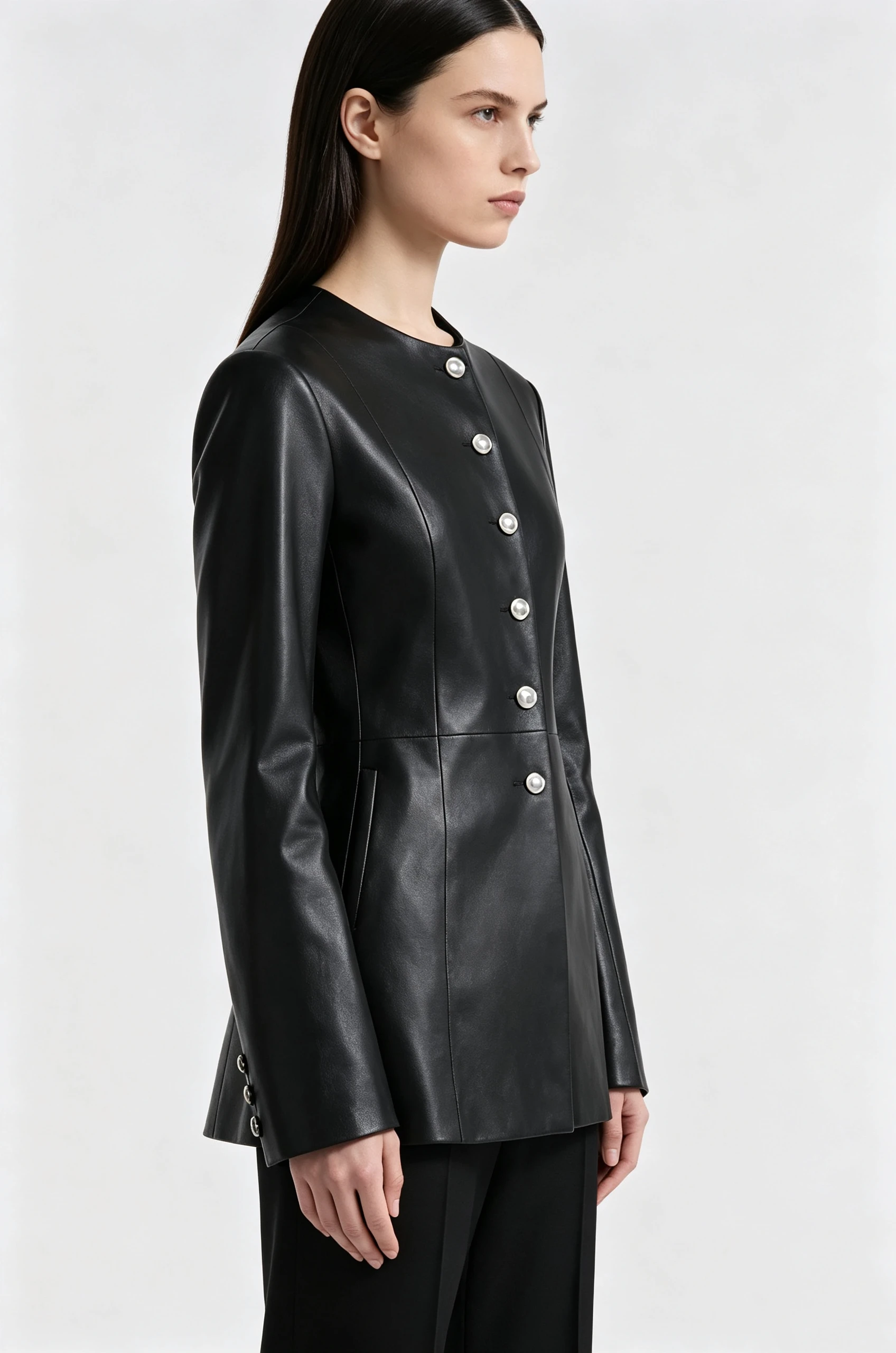 Luxury Black Nappa Leather Jacket with Collarless Neck and Silver Button Front