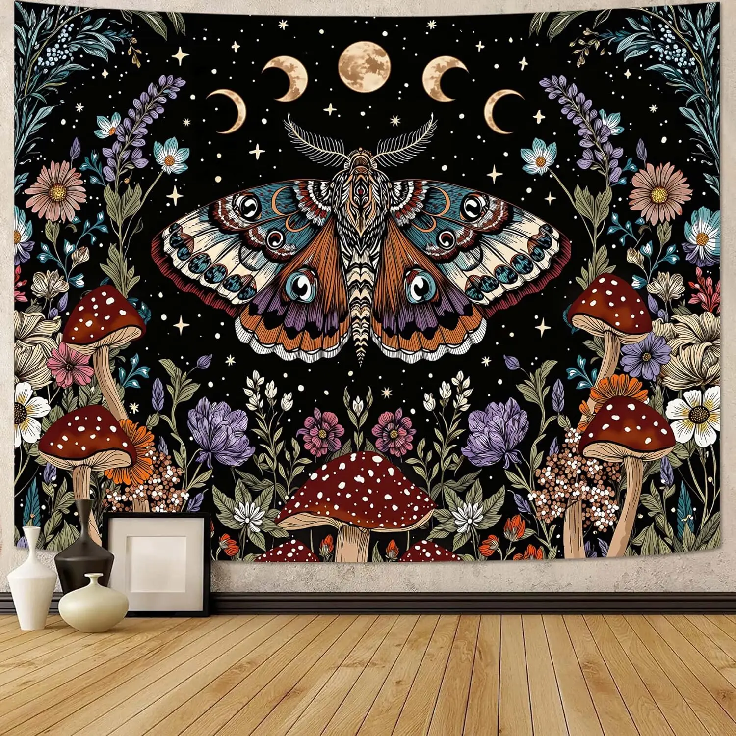 Hippie Witchy Moth Tapestry, Moon Mushroom Aesthetic Floral Wall Art, Mystic Moon Phase Decor for Living Room Bedroom Home