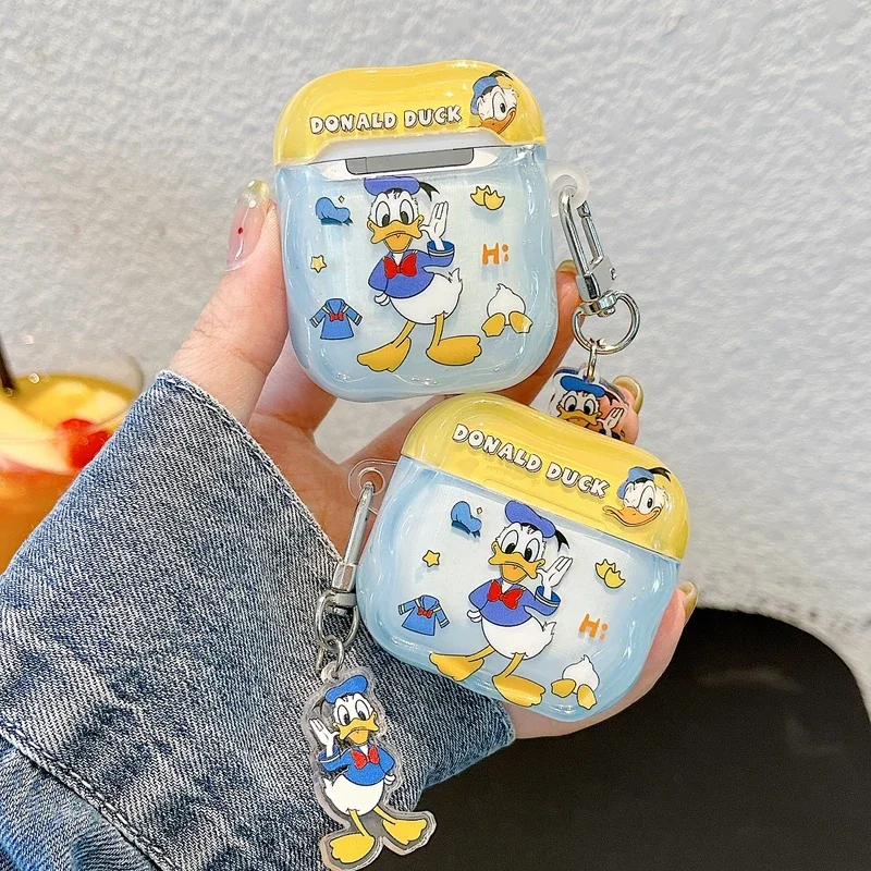 Niedliche Disney Donald Duck Kopfhörerhülle für Airpods 1 2 3 4 Pro 2, kabelloses Bluetooth-Headset, schützende, klare Abdeckung mit Anhänger