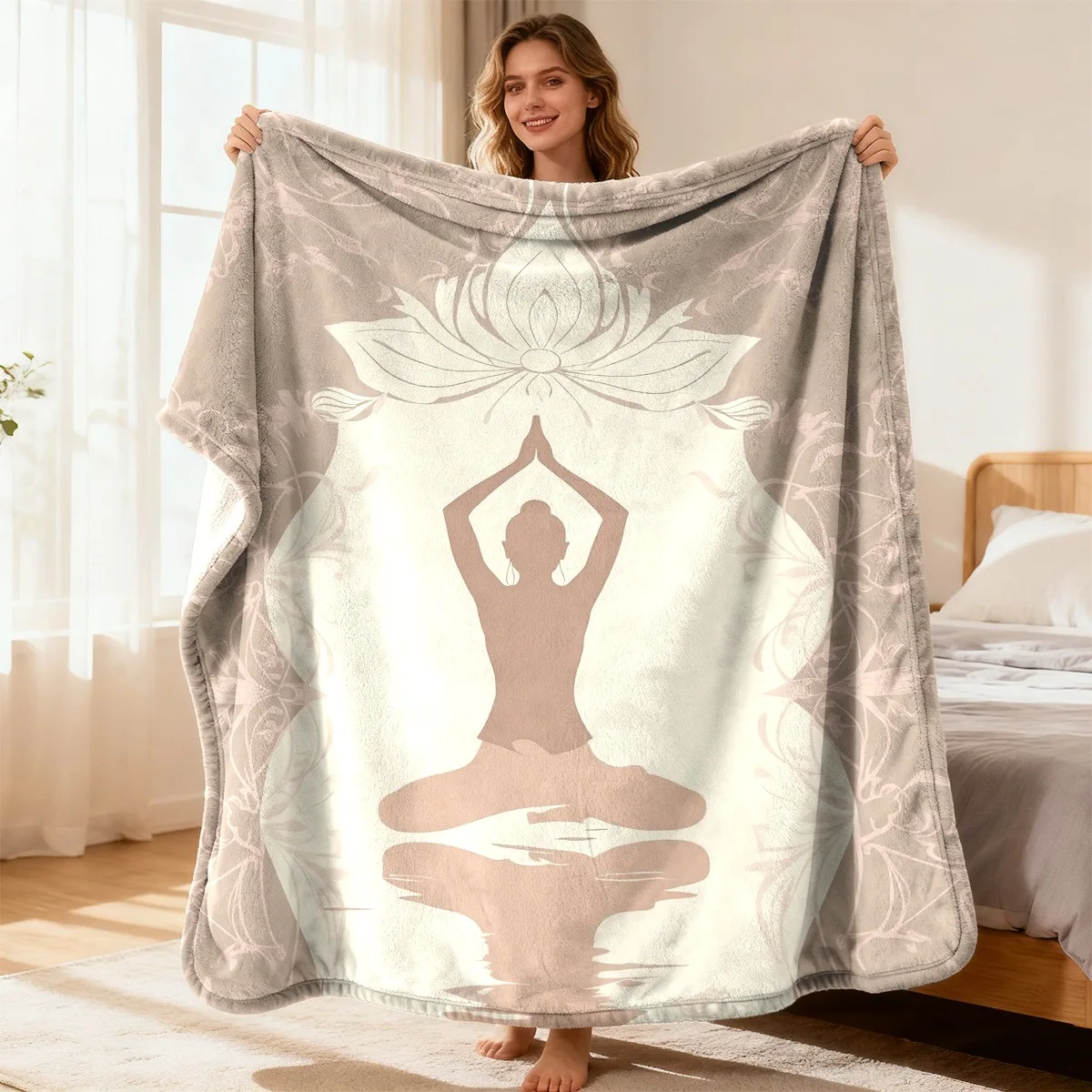 A Cozy Flannel Blanket Featuring a Yoga Design, Soft to The Touch with Vibrant Digital Prints, Making It an Ideal Present for Lo