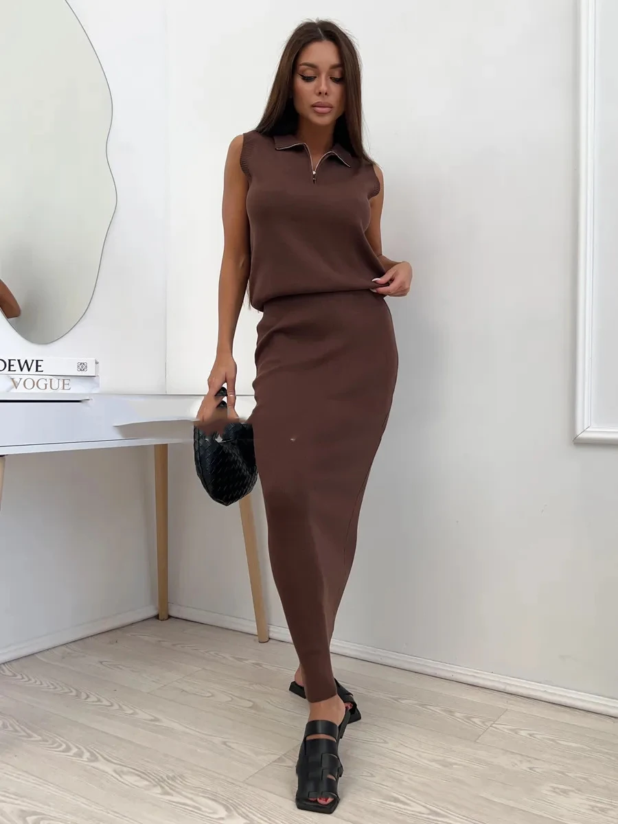 Pakaian Rok Rajut Solid Rompi Setengah Ritsleting Tanpa Lengan Wanita Musim Gugur + Rok Panjang Lutut Rajutan Pinggang Tinggi Set Dua Potong Musim Dingin