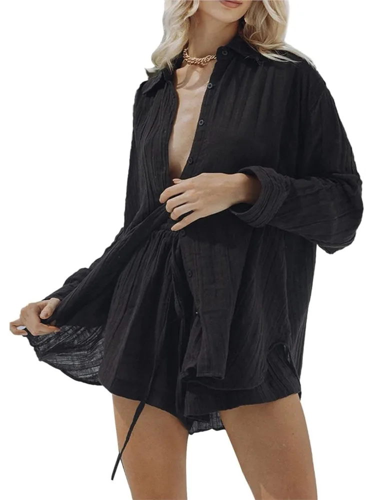 

Women's Shirt Shorts Two-piece Set 2025 Sportswear Fashion Solid Color Long-sleeved Shirt Set Casual Loose Shorts Two-piece Set