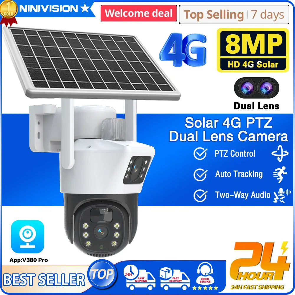 

4K 8MP WiFi/4G Solar Camera Dual Lens Low Power Battery CCTV Cameras PIR Motion Detection Auto Track V380 Surveillance Monitor