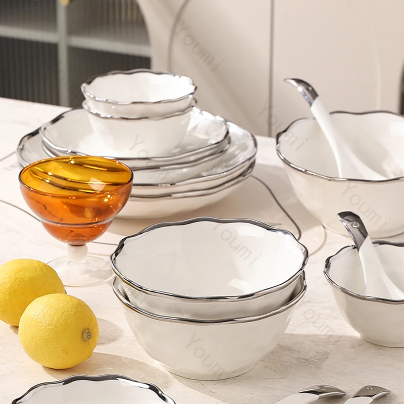 Creative Silver Edge Ceramic Plates Light Luxury Restaurant Soup Bowls Plate Set Delicious Dishes Exquisite Household Tableware