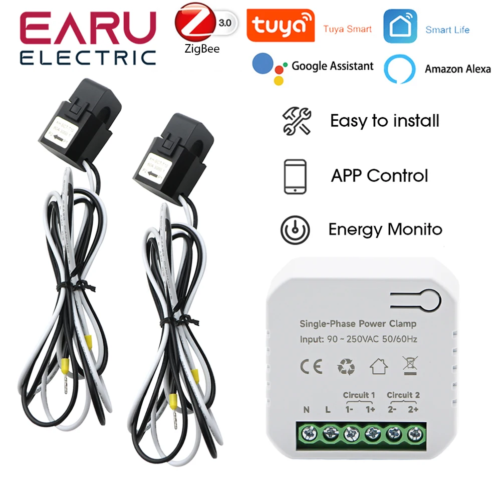 80A Tuya Smart Two-way Bilateral Zigbee/WiFi Energy Meter AC110V 220V with Clamp CT KWh Power Electricity Consumption Monitor