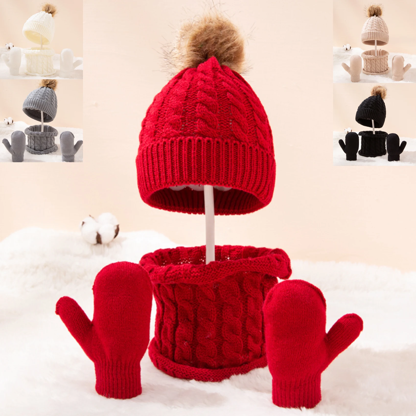 3 pz/set Capretto Cappello Invernale Sciarpa Guanti Set Bambino Lavorato A Maglia Delle Ragazze Dei Bambini Scaldacollo Ragazzi di Lana All'aperto Caldo Pelle-Friendly Guanti