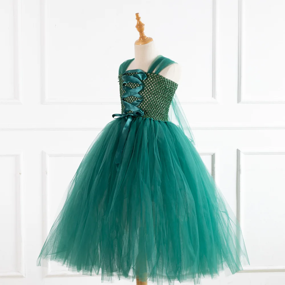 Teal Green Witch Dress for Halloween Party Diy Kids Halloween Fairy Gown Tutu Robe Costume Gothic Girls Cosplay Clothing