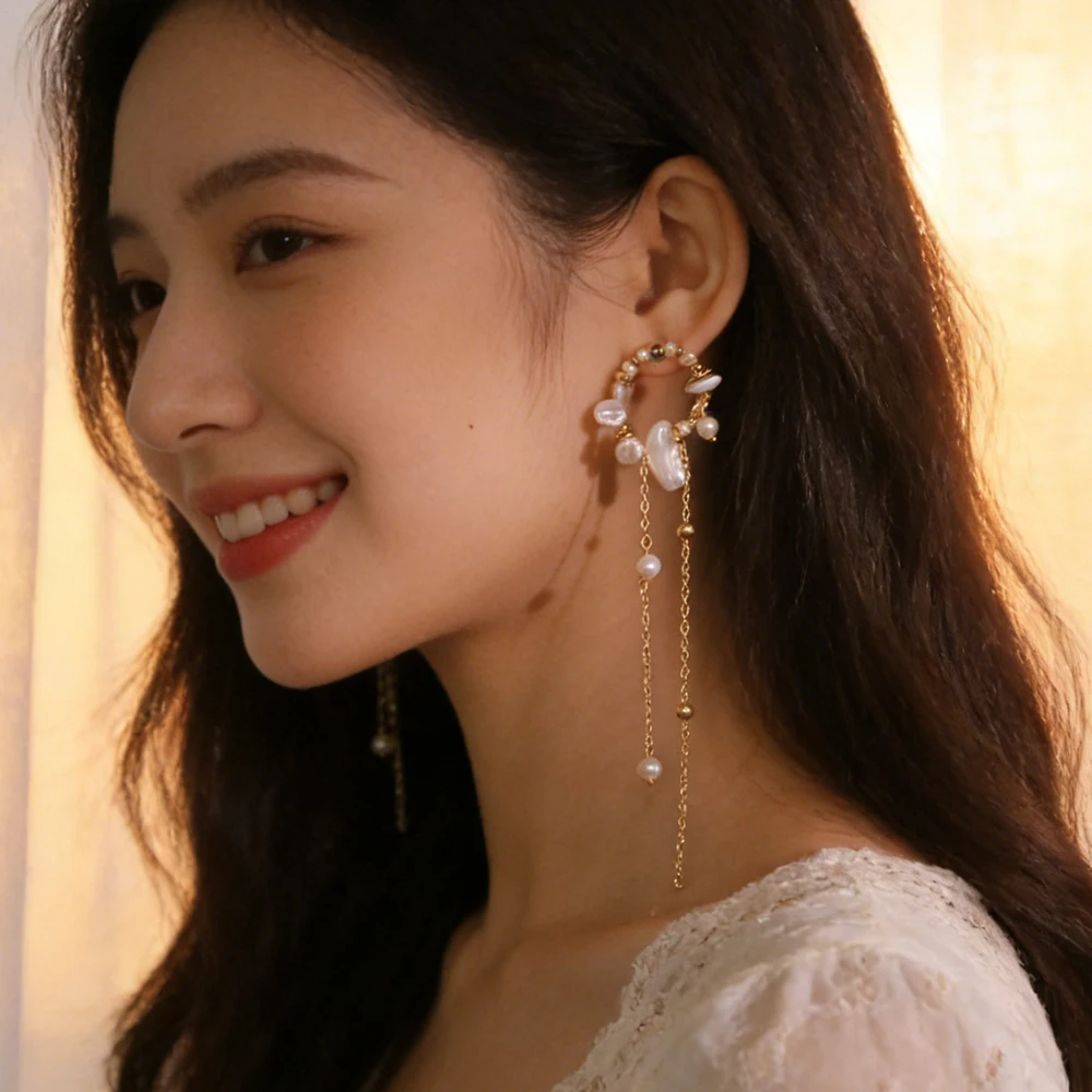 

Оригинальные круглые длинные серьги-цепочки с натуральным жемчугом для женщин, роскошные серьги-подвески с кисточками, очаровательные ювелирные украшения, подарки, аксессуары