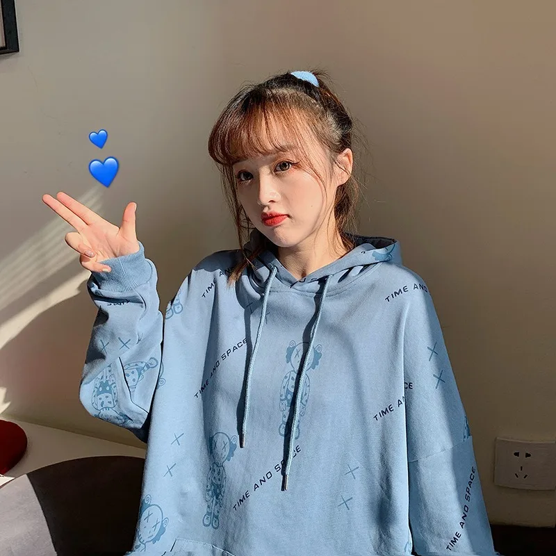 Women Blue Cartoon Hoodies Sweatshirts 2023 New Pink Loose Casual Pullovers Spring Autumn Fashion Jogging Tracksuit Loungewear