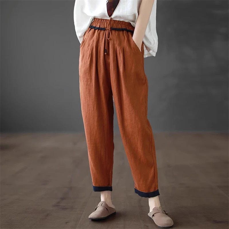 Women Vintage Contrast Color Cotton Linen Harem Pants Y2K 2024 Summer Female High Waist Loose Pockets Trousers Casual Pantalones