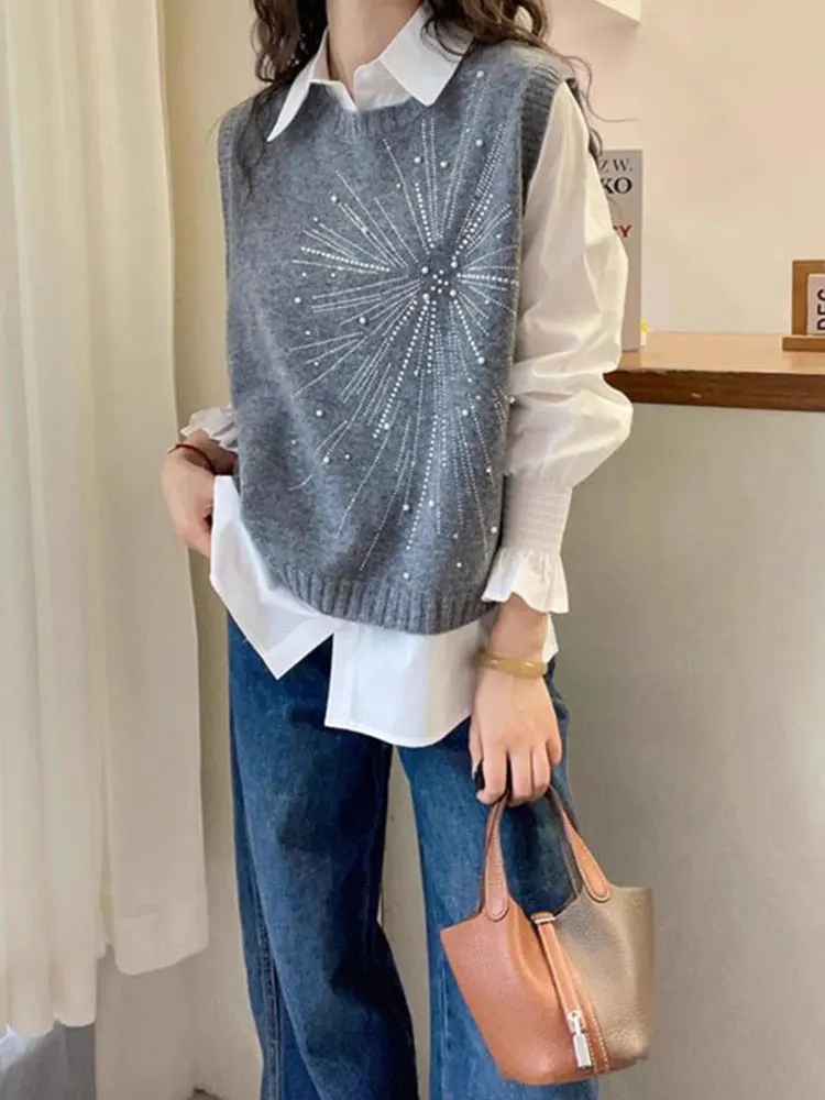 

Модный повседневный вязаный жилет с тяжелой вышивкой и ромбовидным дизайном, корейский топ, многослойная одежда, чистый цвет