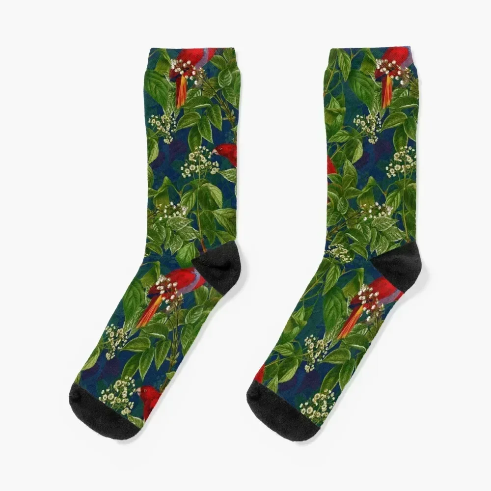 Vintage Red Parrot in Green Jungle Pattern Socks Argentina Crossfit designer Hiking boots Socks For Women Men's