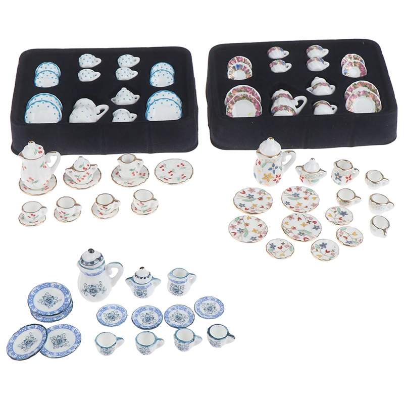 Dollhouse Mini Simulation Ceramic Tea Set 17 Pieces Miniature 15pcs Porcelain Tea Cup Set Chintz Flower Tableware Kitchen