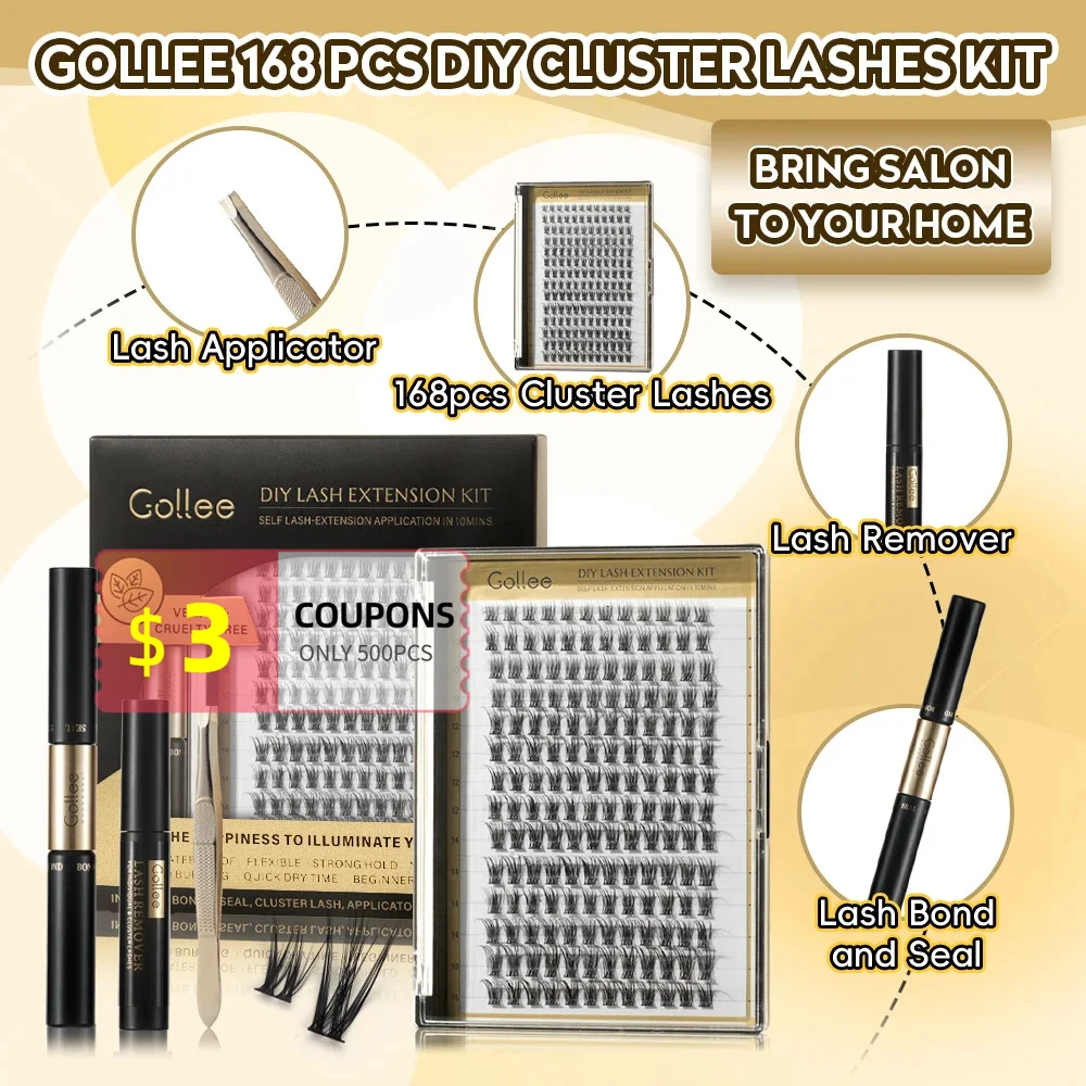 

Gollee 168pcs DIY Cluster Lash Kit 2 IN 1 Bond and Seal 8ml Lasting 3Days Lash Remover Home Use False Eyelash Adhesive Seal