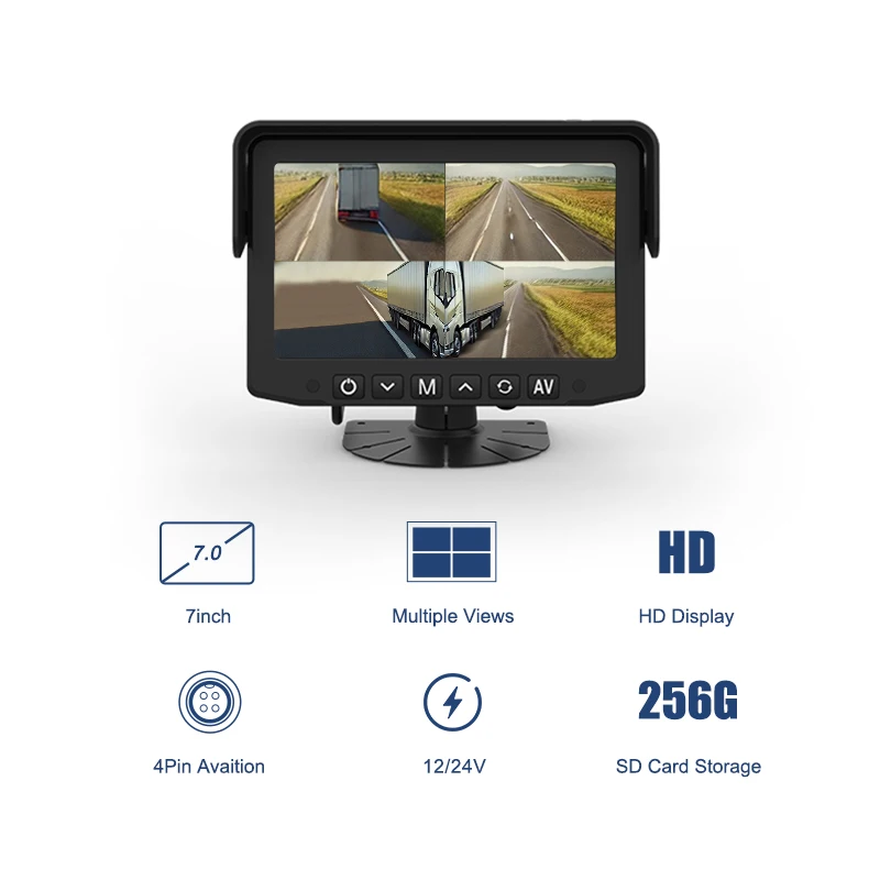 MYT 7 Inch 4 Channel Display 4Pin Aviation Heavy Duty Vehicle Truck Bus HD Quad Monitor