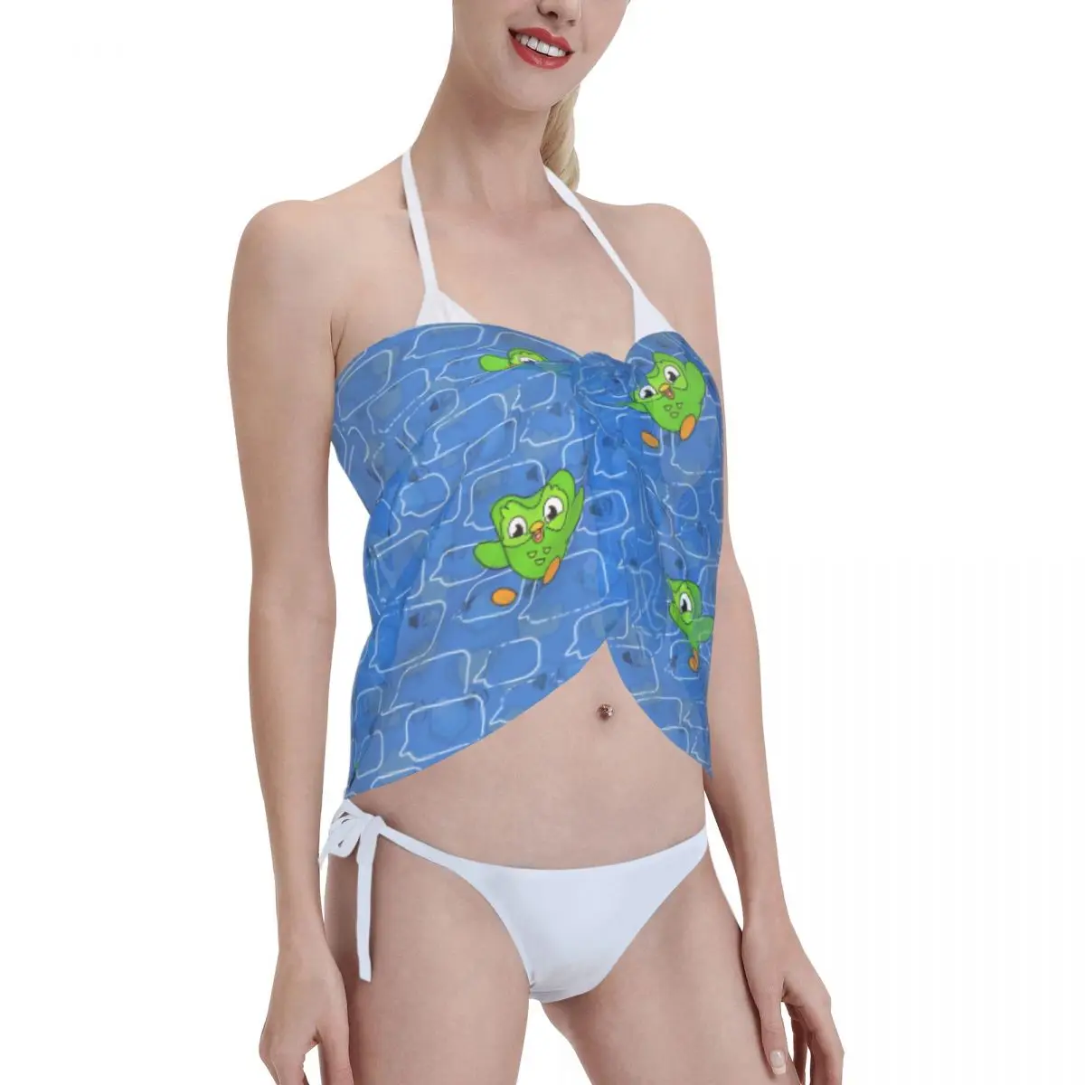 Aangepaste D-Duolingos patroon strand bikini wrap doorzichtige bikini strandjurken korte rok chiffon sjaal cover-up voor dames