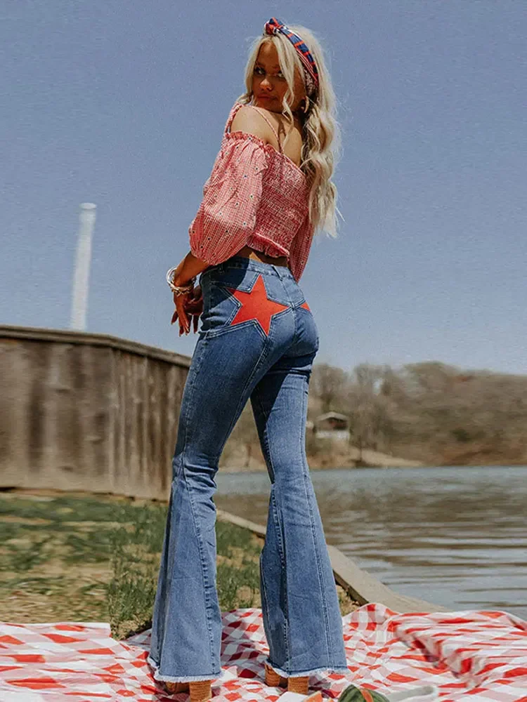 

CPSYMYM Five-pointed Star Print Women's Jean Fashion High Waist Slim Wide Leg Pant Female Spring Summer Pant Hem Burr Lady Jean