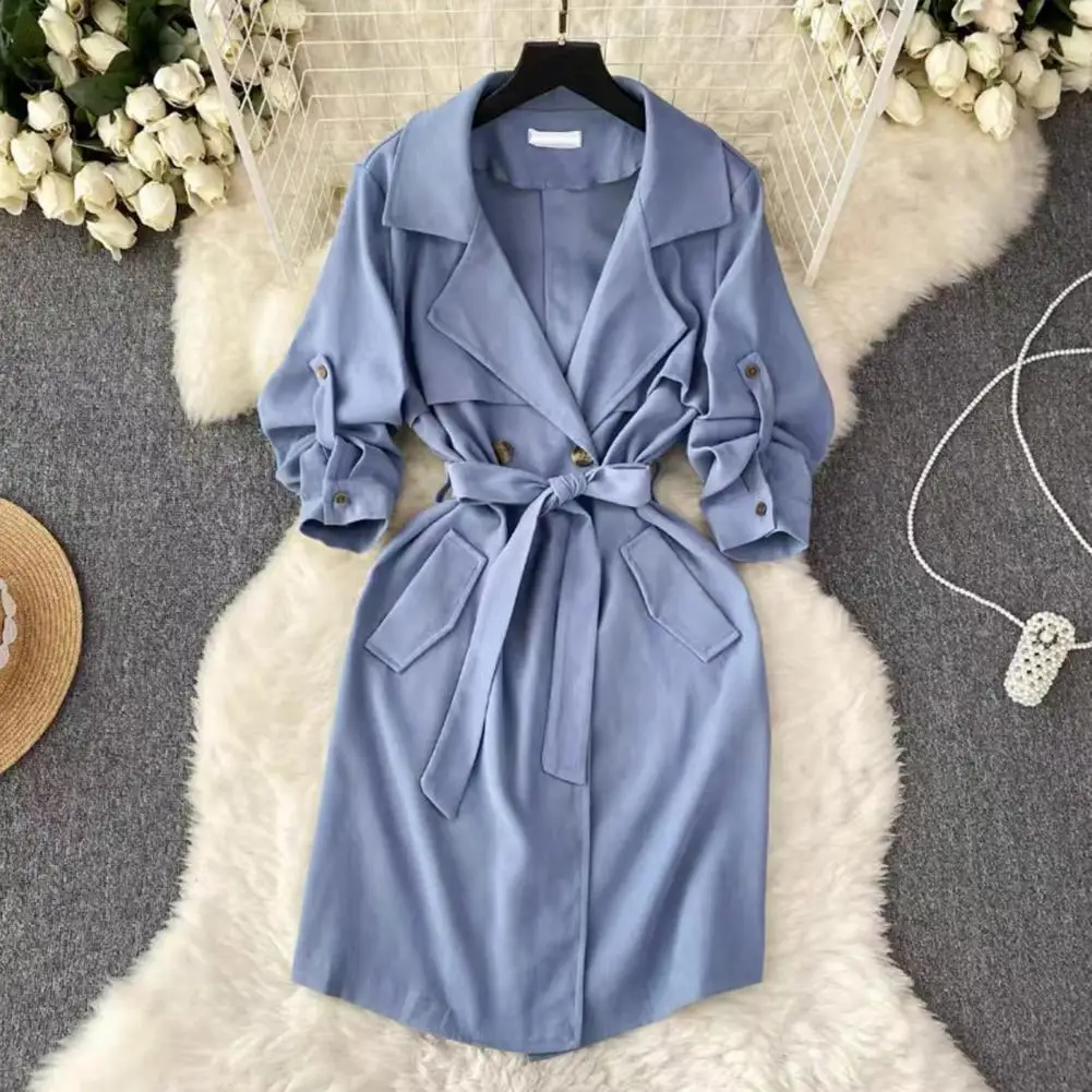 

Women Dress Elegant Lace-up Overcoat Dress for Women Slim Fit Solid Color V Neck with Cufflink Double-breasted Fall Spring Coat