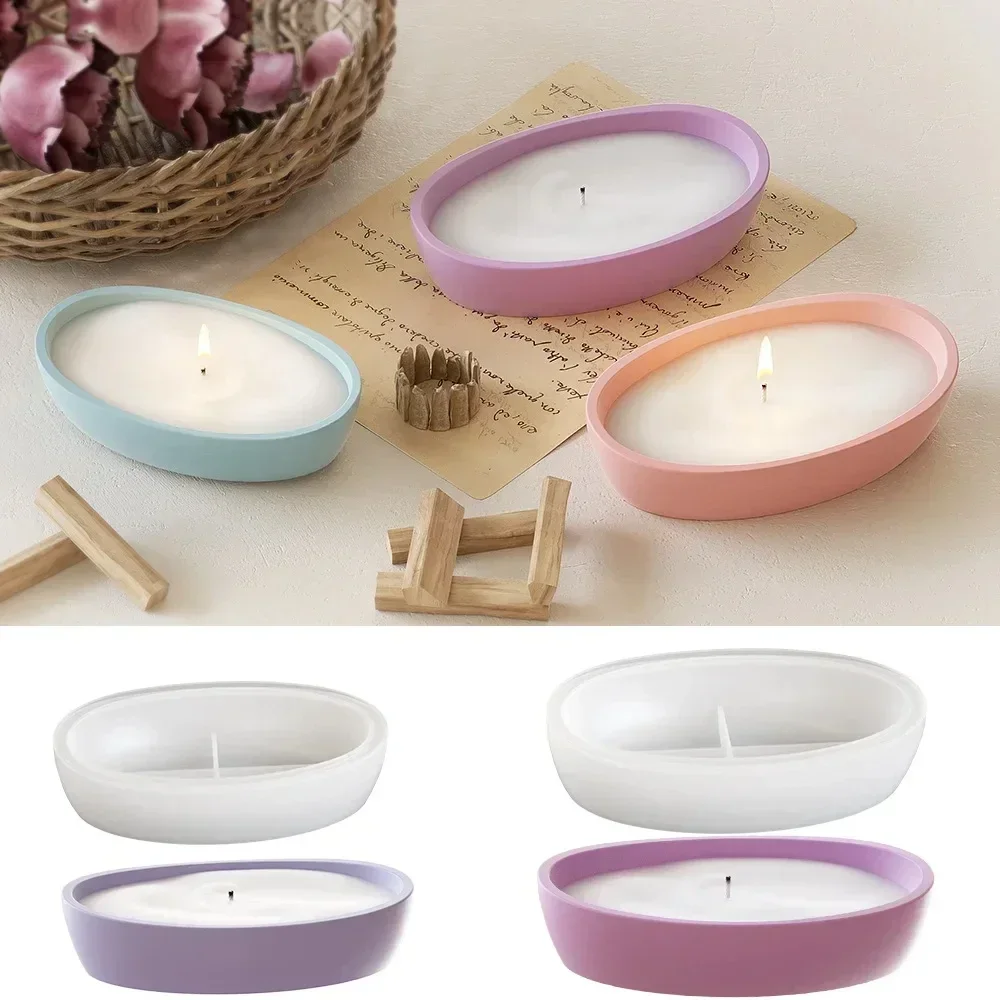 Glue-dotted DIY Elliptical Storage Box Candle Cup Mold, Small Boat Flower Pot Aroma Diffuser Plaster Cement Silicone Mold