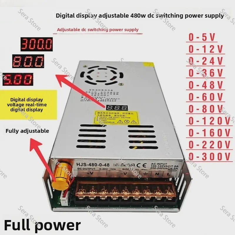 Digital Display 0-48V Adjustable 0-48V 10A 480W DC Regulated Switching Power Supply HJS-480-0-48