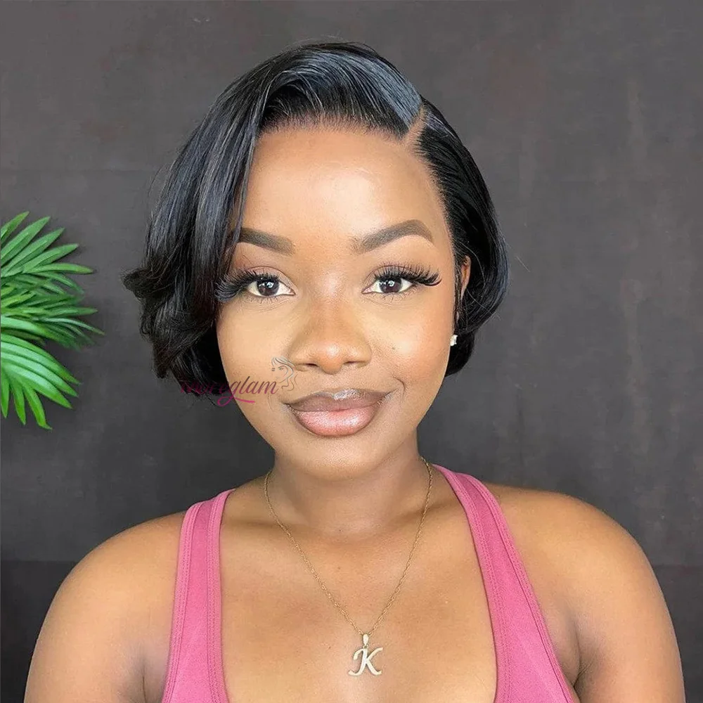 Braune Pixie-Cut Echthaarperücken für Frauen, Brasilianisches Blondes Ombre Kurzes Echthaar, Gerade Perücke mit Highlights, Vorgezupft – Detail 12