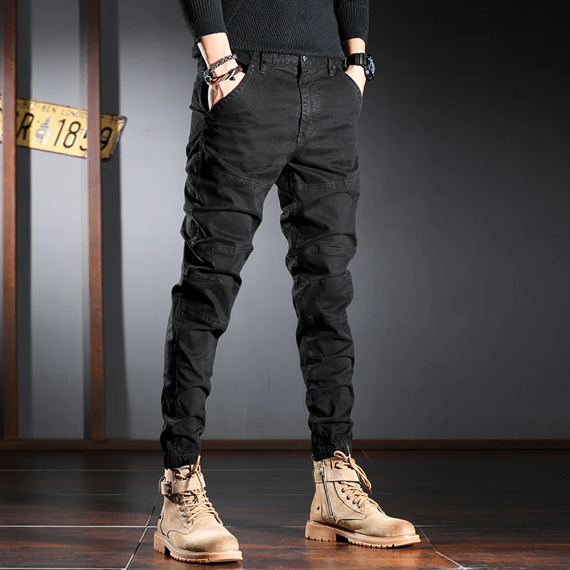 Calças de brim dos homens da moda de streetwear elástico estiramento fino ajuste emendado designer casual carga calças hombre hip hop corredores