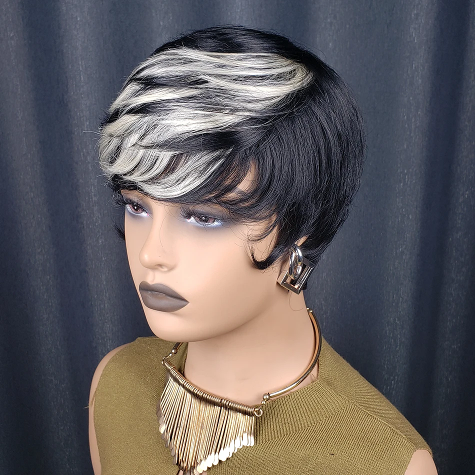 شعر مستعار قصير مستقيم بقص عابث أسود ورمادي بوب مع غرة، شعر مستعار بشري مصنوع آليًا بالكامل للنساء ذوات البشرة السمراء