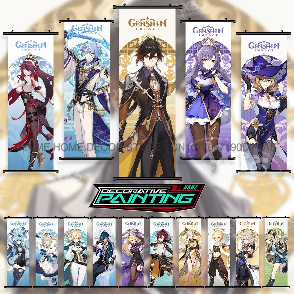 

Game Genshin Impact Posters Anime Decor Scrolls Pictures Kamizato Ayato Home Decor Yae Miko Wall Art Bennett Hanging Paintings