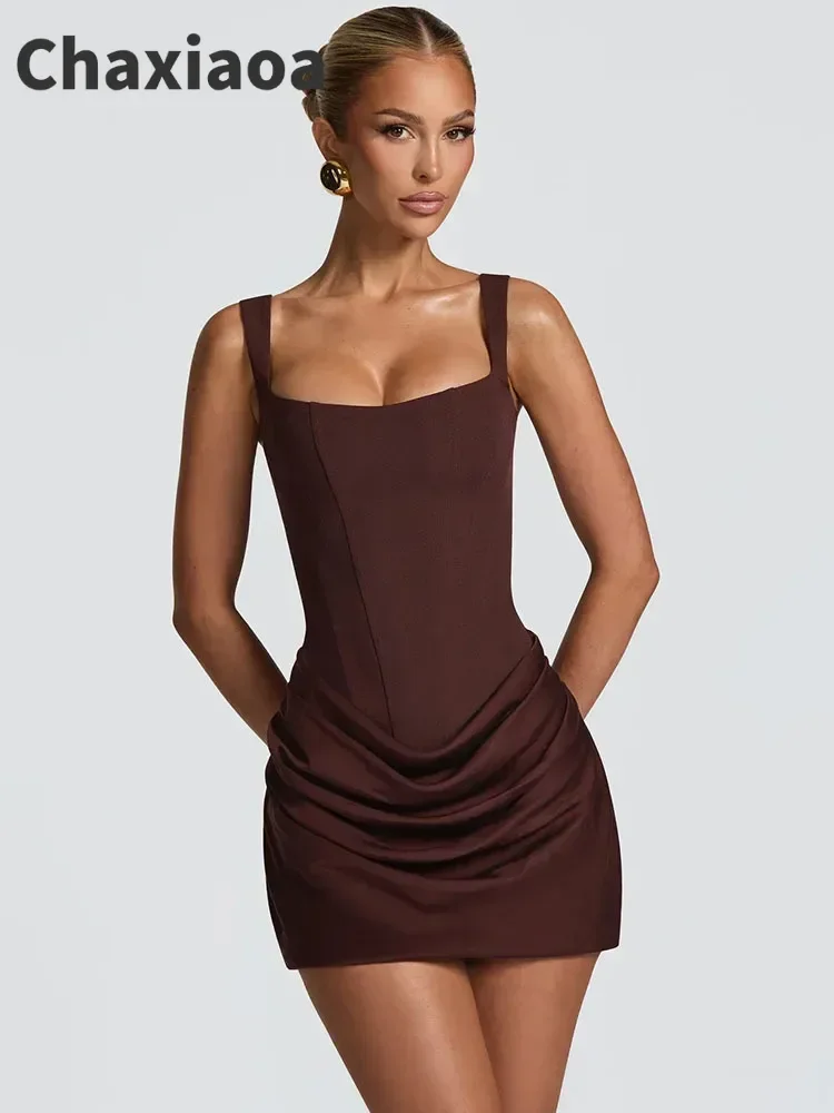 فستان Chaxiaoa قصير مثير مكشكش بدون ظهر للنساء أنيق بأشرطة مدببة وياقة مربعة بدون أكمام بخصر عالٍ فستان حفلات النادي