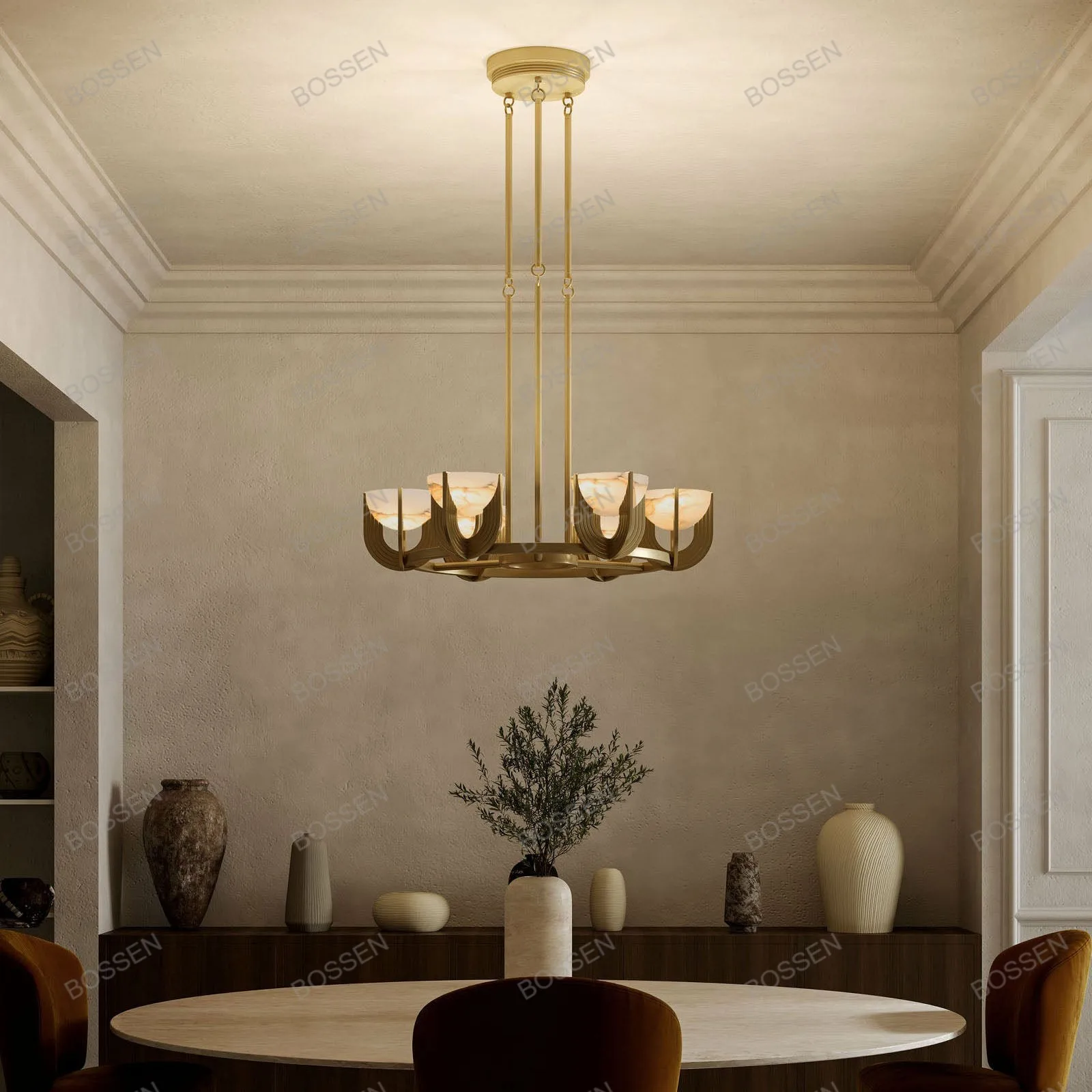 

BOSSEN Simple Modern Rectangular Pendant Light Marble gold Hardware Luster Dimmable Adjustable Chain Lighting for Living Room