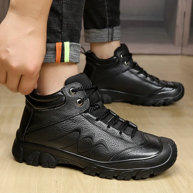 Genuine Leather Men Outdoor High Top Walking Shoes 100% Wool Lining Winter Super Keep Warm Ankle Snow Boots male Casual Sneakers