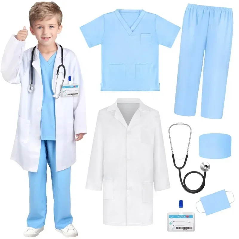 New Girl Boy Top Pants Jacket White Coat Work ID Mask Hat Stethoscope Luggage 9pc Set Roleplay Halloween Costume Doctor Costume