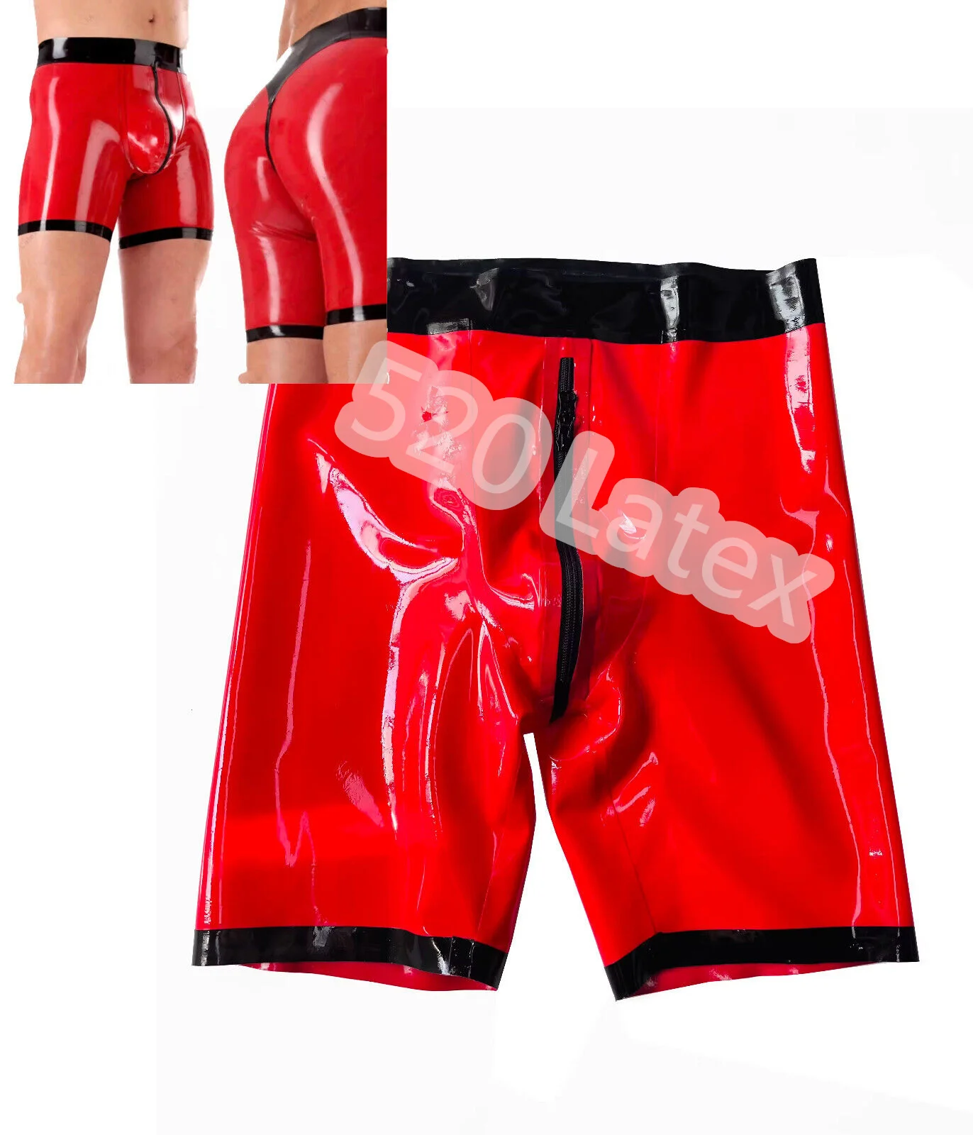 Red And Black Sexy Latex Boxer Shorts With Trims Front Zipper Underwear