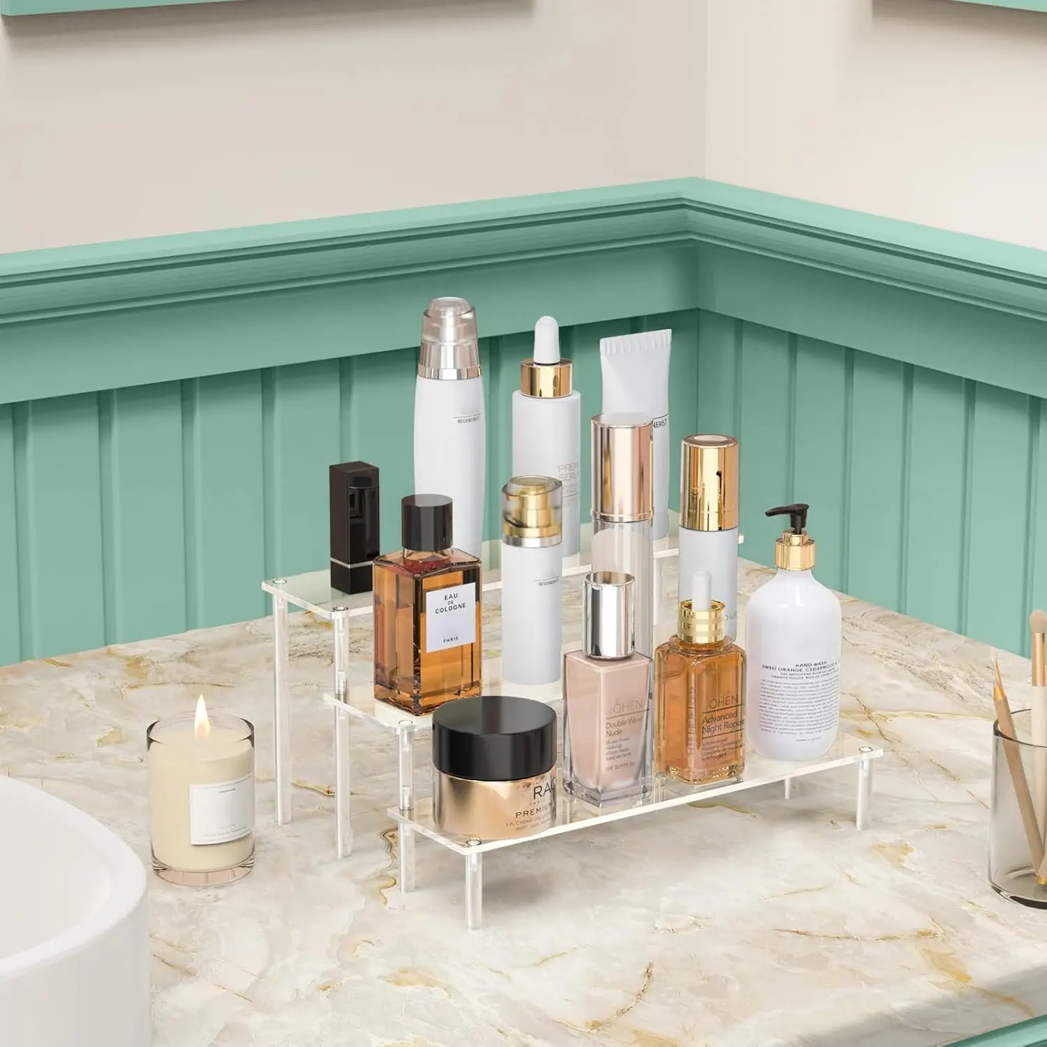 1-4 Tier Acrylic Perfume Organizer, 30x8cm Multi-layer Riser Display Stand for Lipstick, Action Figures, Collectibles, Tabletop