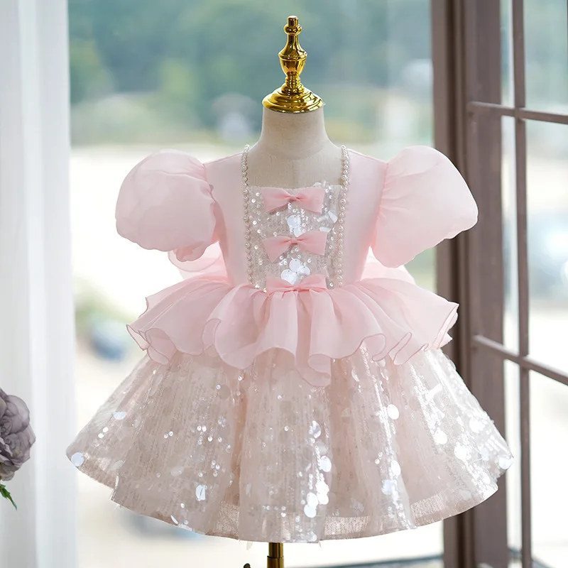 

Puffy pink sequin Flower Girl Dresses Knee Length Glitter Wedding Party Dress Toddler Baby Birthday Pageant Ballet Tutu Dress