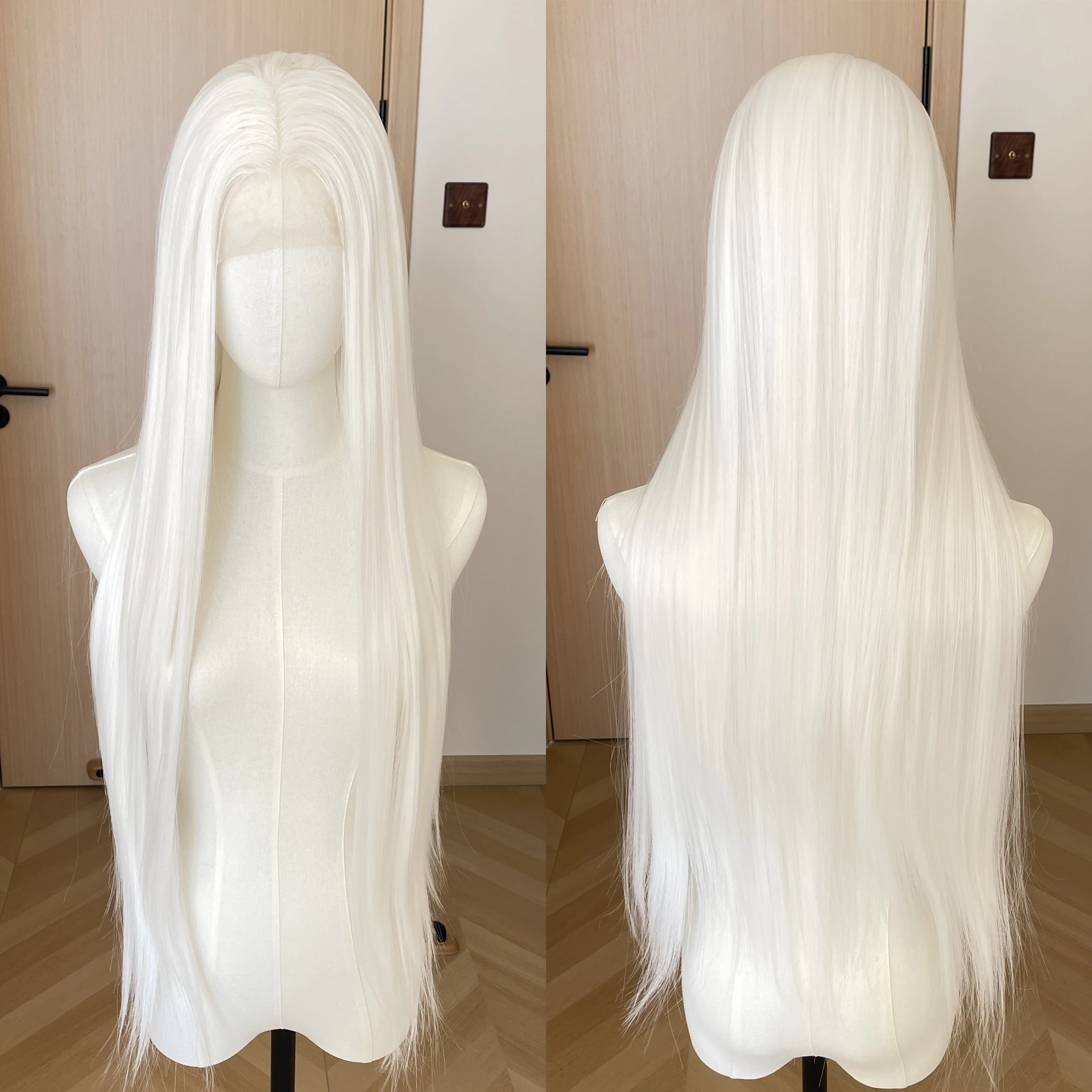 

Elf Cosplay White 13x4 Lace Front Wigs for Women Synthetic 26 Inch Long Straight Free Part 150% Density Glueless Half Hand Tied
