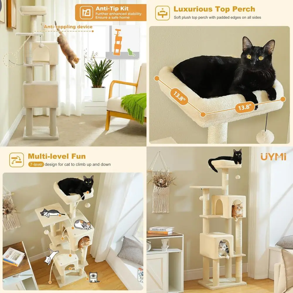 

62 Beige Indoor Cat Tree with 2 Rooms, 4 Scratching Posts, and 2 Perches