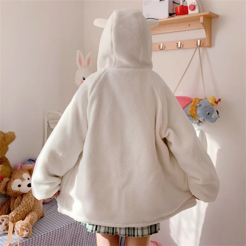 Japanese Sweet Loli Girl Coat Kawaii Hooded Bear Ear Cute Double-sided Zipper Full Sleeve Lambswool Keep Warm Thicken Outerweat