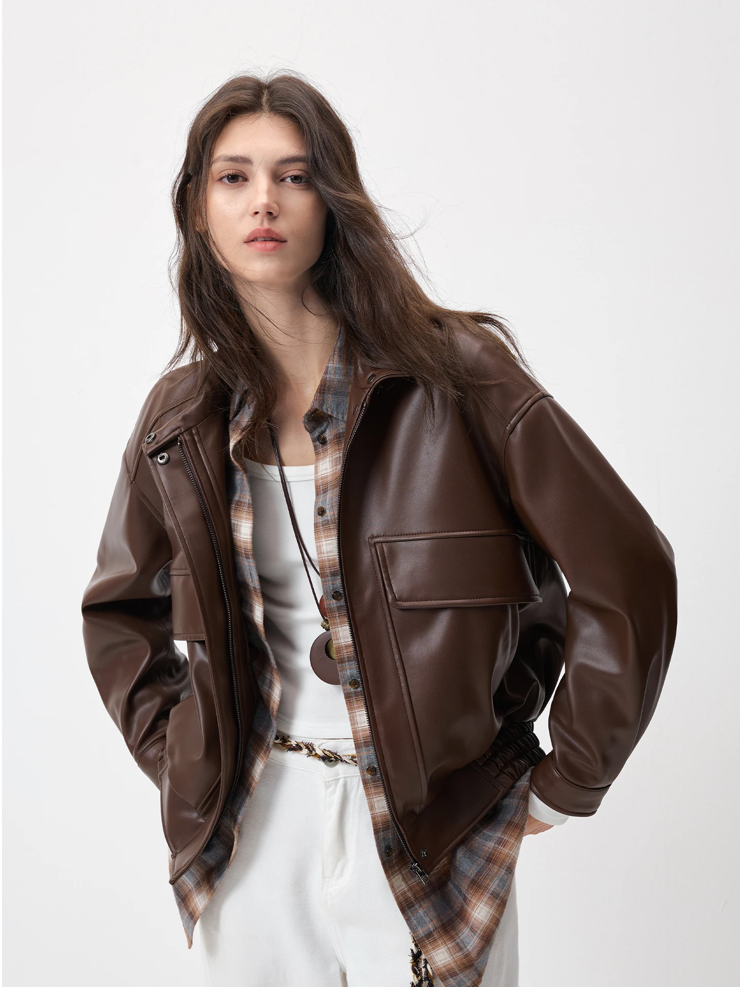 

Kele Retro Brown Leather Jaet Women's Loose New eepskin Real Leather Jaet Comfortable Commute Sle Long Sve Zipper