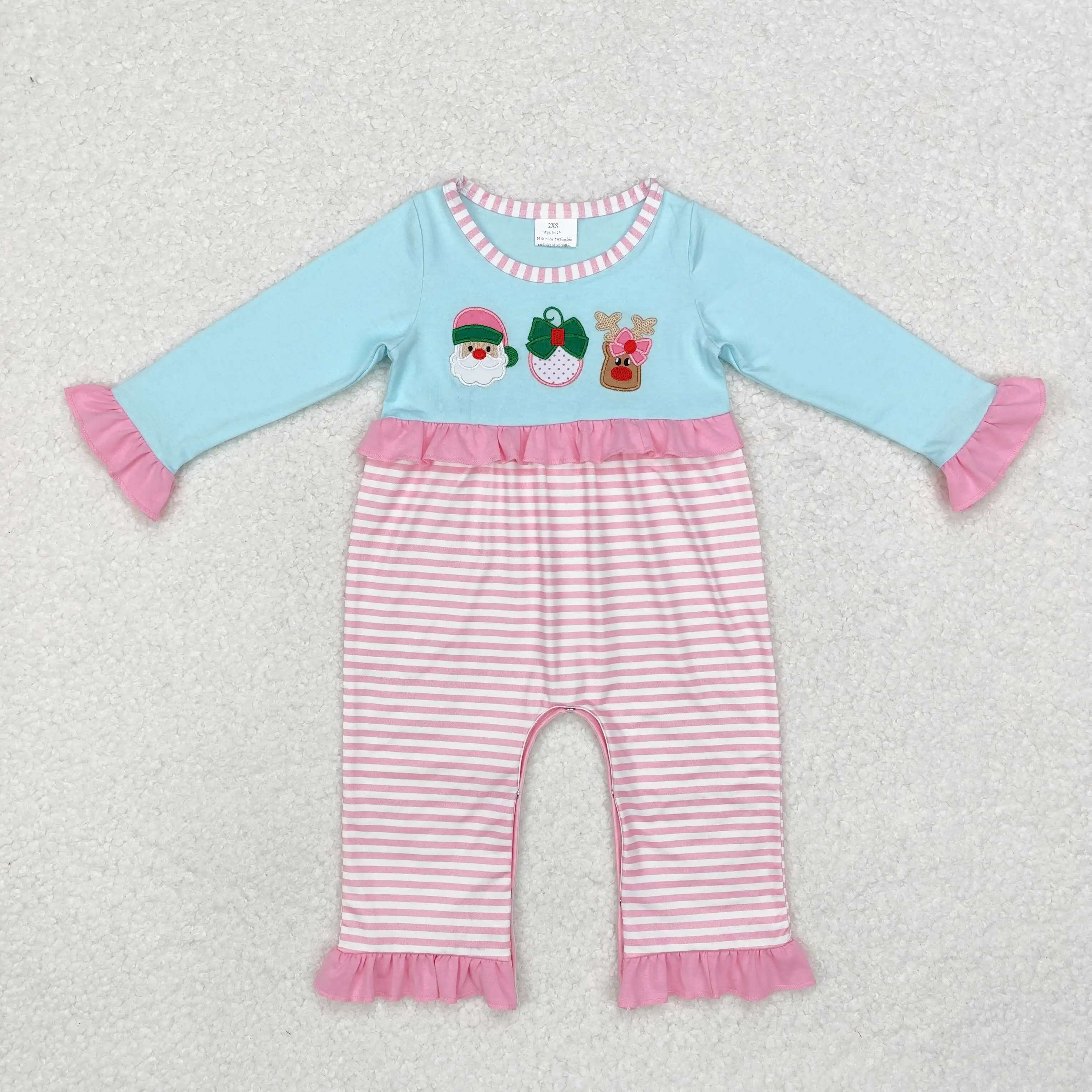 In Stock Christmas Santa Embroidery Baby Girls Clothes Newborn Bubble Romper Sleepers Infant Cute Clothes New Design