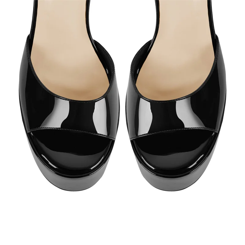 Onlymaker Women Black Peep Toe Patent Leather Platform Sandals Thin High Heel Party Evening Dress Stiletto Heels Sandals