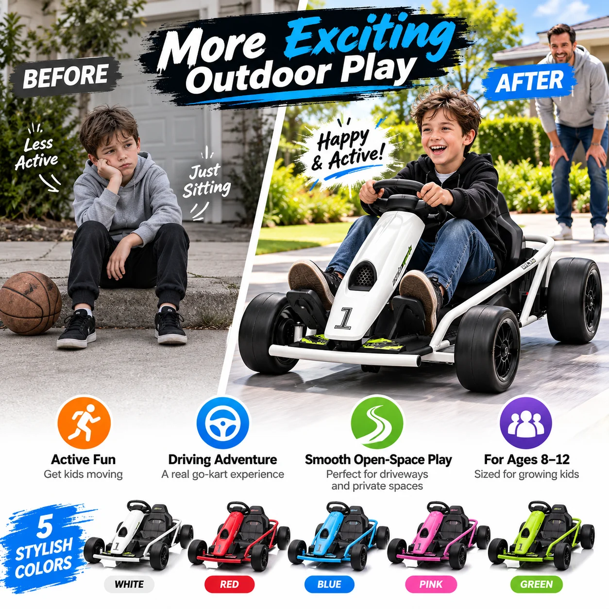 Kids Electric Go Kart 24V Dual 300W Brushless Motors 8 MPH Drift Racing Car with Wide Seat EVA and Nylon Tires Battery Powered Ride On Toy for Boys Girls Ages 8 12 Red