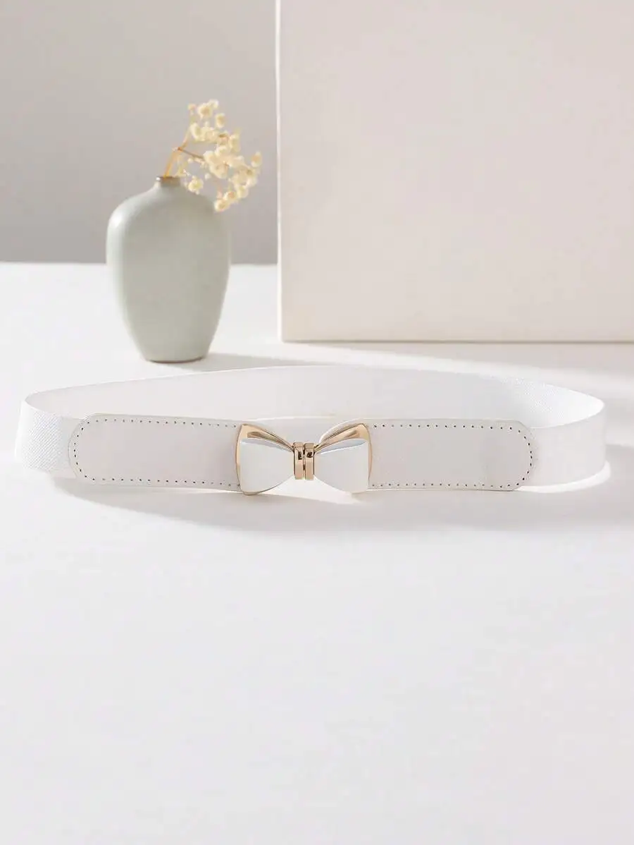 1pc Women Litchi Embossed Bow Buckle Belt For Daily Decoration Valentine's Day Valentines Summer, School Fall, Autumn, Halloween