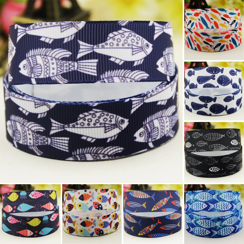 22mm 25mm 38mm 75mm fish cartoon printed Grosgrain Ribbon party decoration 10 Yards satin ribbons