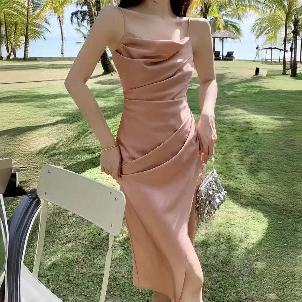 

High end acetic acid satin dress for women's 2025 summer temperament French sexy pleated slit suspender long skirt